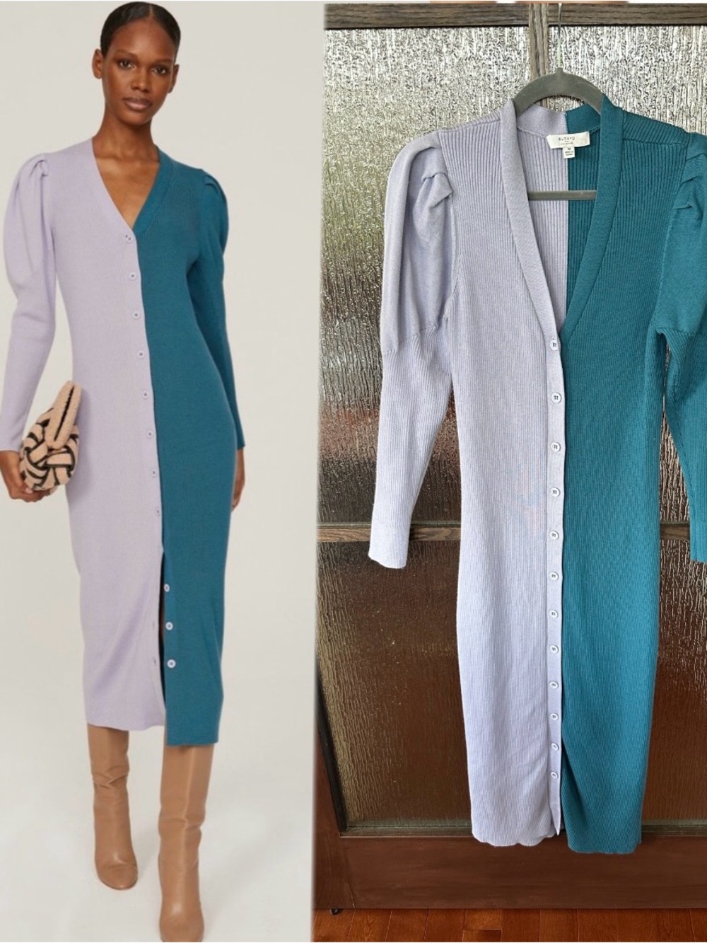 Busayo Combi  Rib Sweater Dress Size M Two-Tone Lavender and Teal